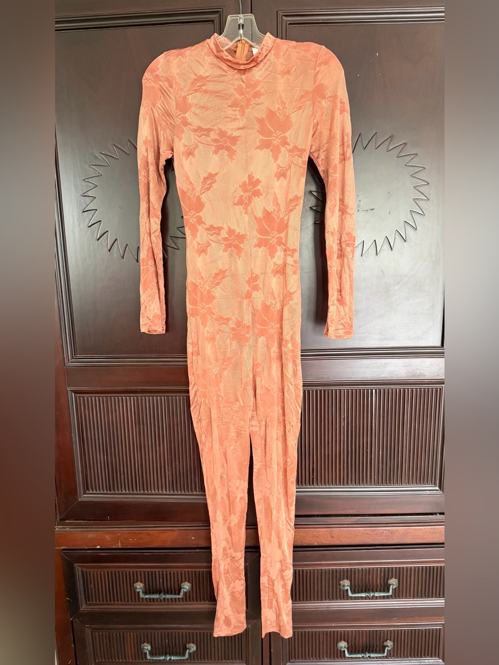 DAY & NIGHT Long Sleeve Peach Floral Print Sheer Y2K Skinnyleg Bodysuit Size S&M